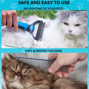 Candure Dematting Comb for Dog and Cat, Pet Grooming Rake and Brushes for Small, Medium & Large Dogs 17+9 Double Sided Deshedding Tool Removes Knots and Tangled Hair (Blue)