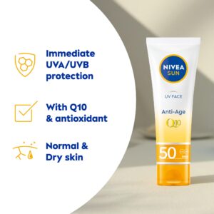 NIVEA Sun UV Face Anti-Age SPF 50 Cream (50ml), Q10 Sun Cream Protects Against UVA/UVB Rays and Premature Skin Ageing, Anti-Ageing Cream, Fights Fine Lines and Wrinkles